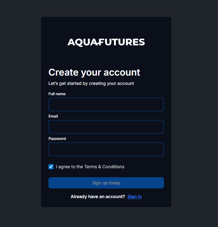 AquaFutures sign up page interface showing registration fields for new traders